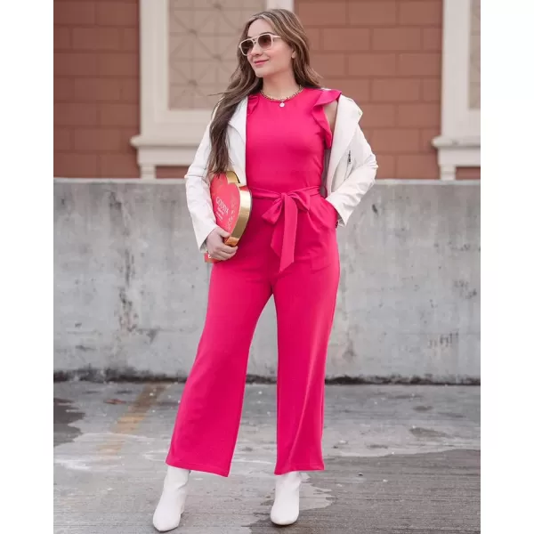 imageBTFBM Women Jumpsuits Crew Neck Ruffle Cap Sleeve Belted High Waist Wide Leg Romper with Pockets One Piece Casual OutfitsSolid Rose Red