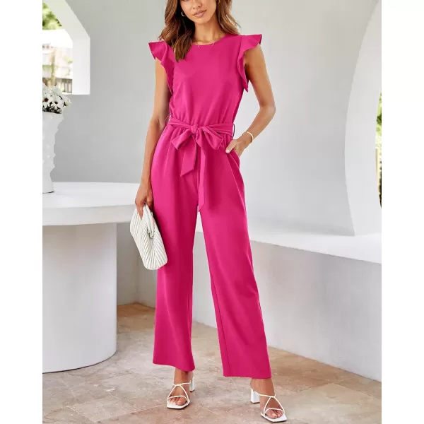 imageBTFBM Women Jumpsuits Crew Neck Ruffle Cap Sleeve Belted High Waist Wide Leg Romper with Pockets One Piece Casual OutfitsSolid Rose Red