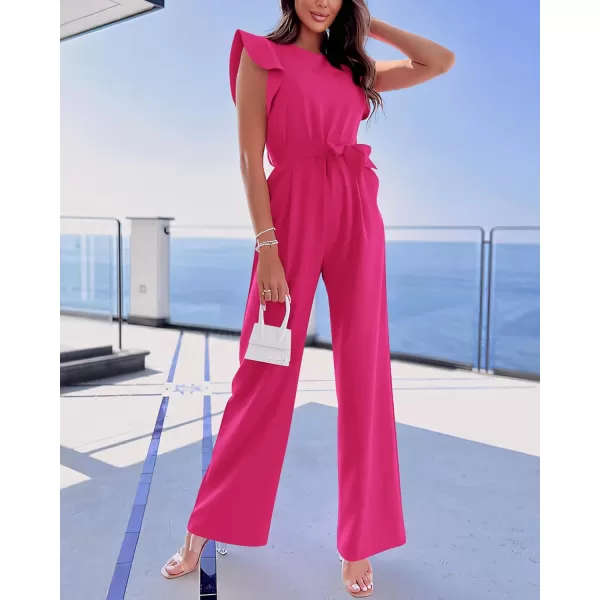 imageBTFBM Women Jumpsuits Crew Neck Ruffle Cap Sleeve Belted High Waist Wide Leg Romper with Pockets One Piece Casual OutfitsSolid Rose Red