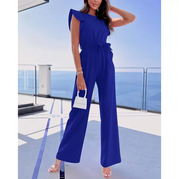 imageBTFBM Women Jumpsuits Crew Neck Ruffle Cap Sleeve Belted High Waist Wide Leg Romper with Pockets One Piece Casual OutfitsSolid Royal Blue