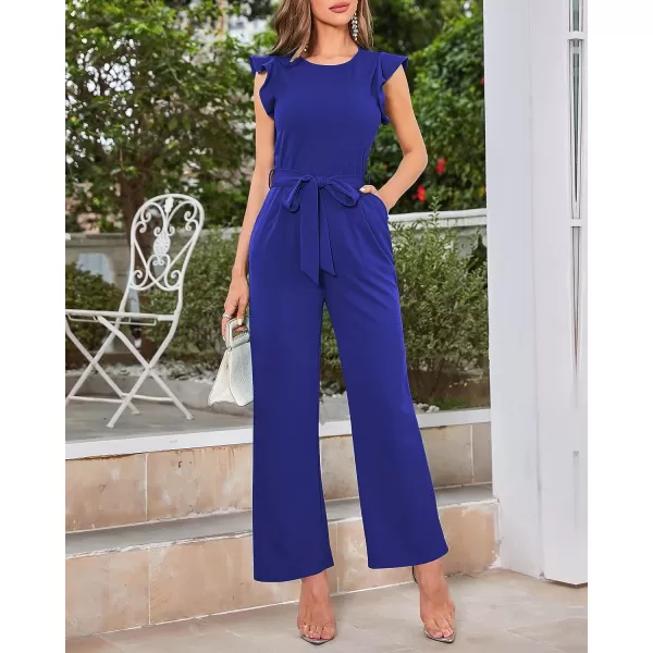 imageBTFBM Women Jumpsuits Crew Neck Ruffle Cap Sleeve Belted High Waist Wide Leg Romper with Pockets One Piece Casual OutfitsSolid Royal Blue