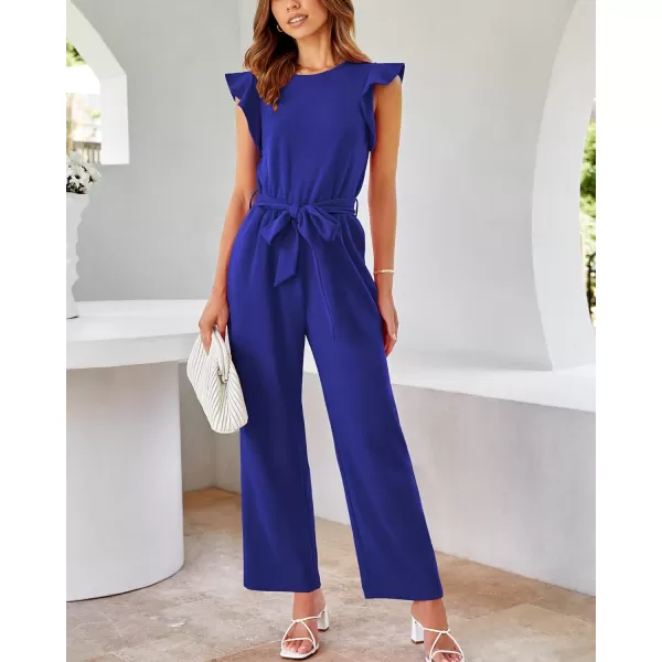 imageBTFBM Women Jumpsuits Crew Neck Ruffle Cap Sleeve Belted High Waist Wide Leg Romper with Pockets One Piece Casual OutfitsSolid Royal Blue