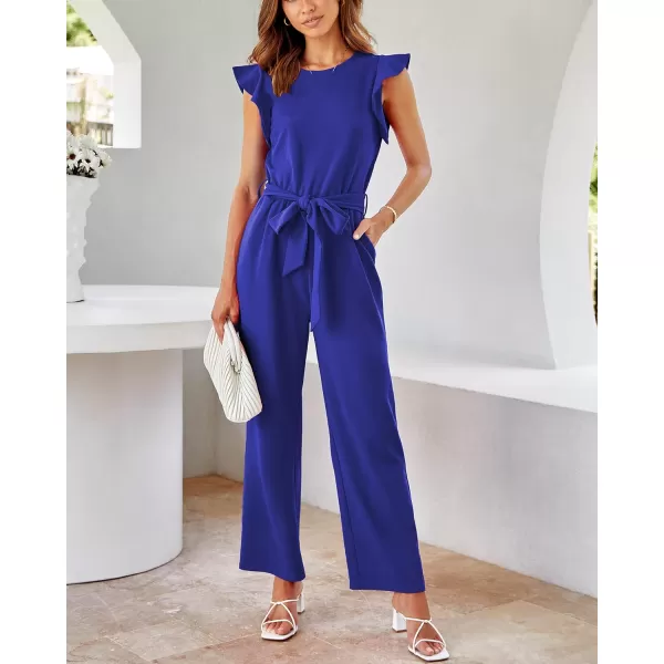 imageBTFBM Women Jumpsuits Crew Neck Ruffle Cap Sleeve Belted High Waist Wide Leg Romper with Pockets One Piece Casual OutfitsSolid Royal Blue