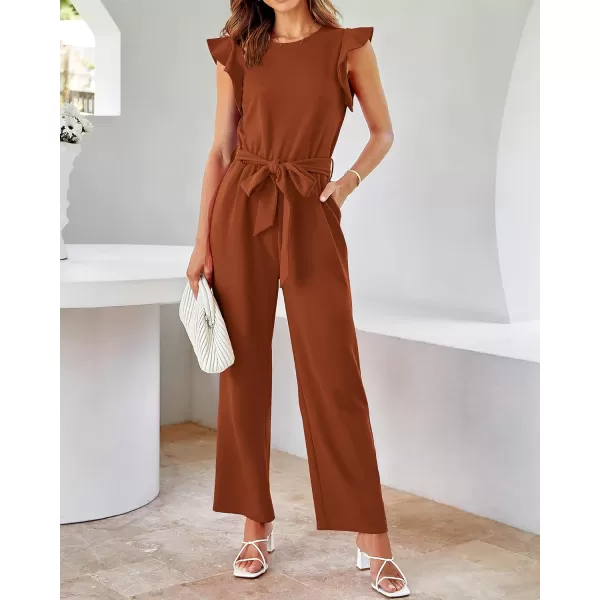 imageBTFBM Women Jumpsuits Crew Neck Ruffle Cap Sleeve Belted High Waist Wide Leg Romper with Pockets One Piece Casual OutfitsSolid Rust Red