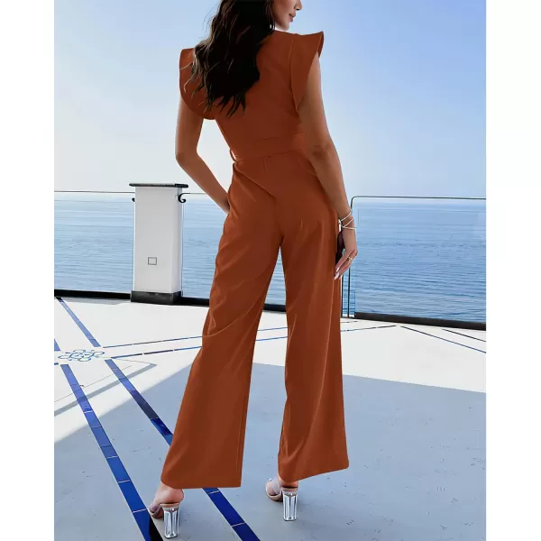 imageBTFBM Women Jumpsuits Crew Neck Ruffle Cap Sleeve Belted High Waist Wide Leg Romper with Pockets One Piece Casual OutfitsSolid Rust Red