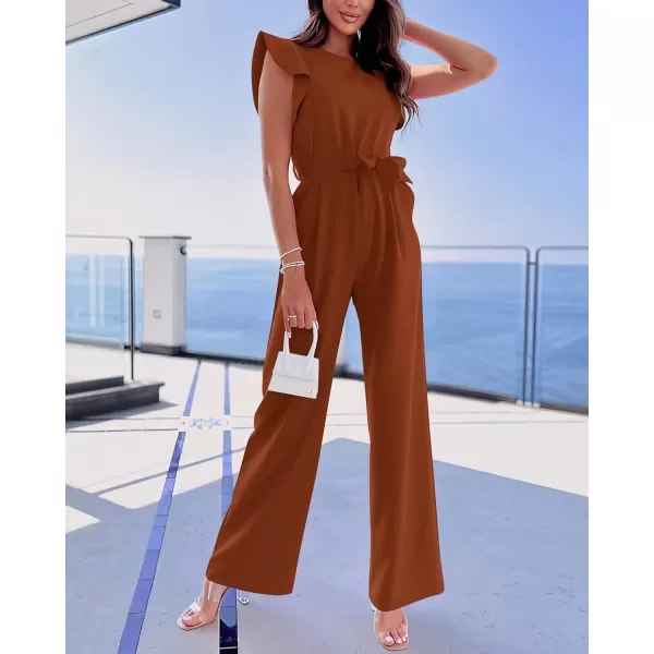 imageBTFBM Women Jumpsuits Crew Neck Ruffle Cap Sleeve Belted High Waist Wide Leg Romper with Pockets One Piece Casual OutfitsSolid Rust Red