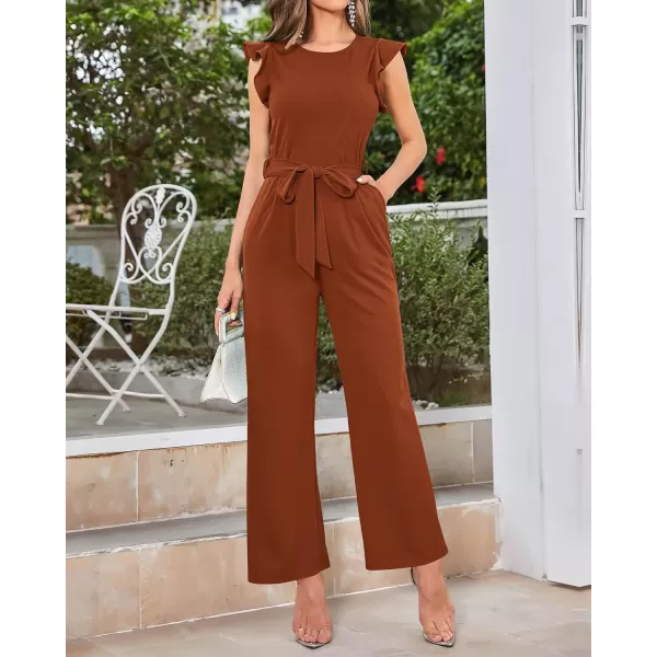 imageBTFBM Women Jumpsuits Crew Neck Ruffle Cap Sleeve Belted High Waist Wide Leg Romper with Pockets One Piece Casual OutfitsSolid Rust Red