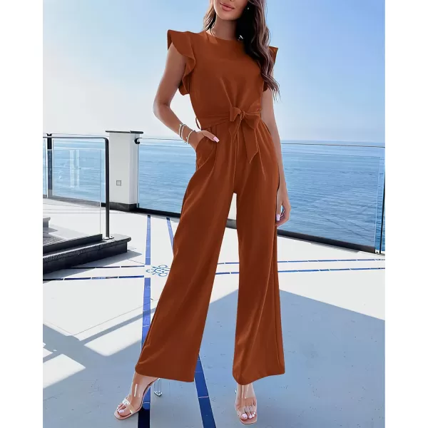 imageBTFBM Women Jumpsuits Crew Neck Ruffle Cap Sleeve Belted High Waist Wide Leg Romper with Pockets One Piece Casual OutfitsSolid Rust Red