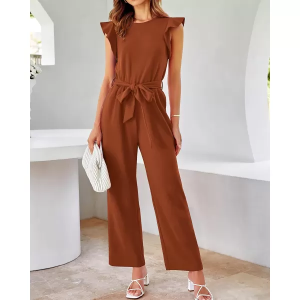 imageBTFBM Women Jumpsuits Crew Neck Ruffle Cap Sleeve Belted High Waist Wide Leg Romper with Pockets One Piece Casual OutfitsSolid Rust Red