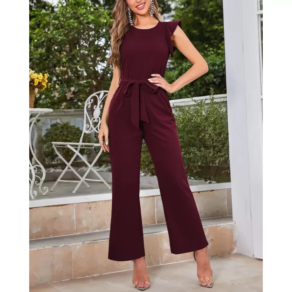 imageBTFBM Women Jumpsuits Crew Neck Ruffle Cap Sleeve Belted High Waist Wide Leg Romper with Pockets One Piece Casual OutfitsSolid Wine Red