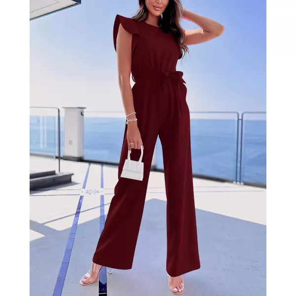 imageBTFBM Women Jumpsuits Crew Neck Ruffle Cap Sleeve Belted High Waist Wide Leg Romper with Pockets One Piece Casual OutfitsSolid Wine Red