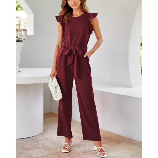 imageBTFBM Women Jumpsuits Crew Neck Ruffle Cap Sleeve Belted High Waist Wide Leg Romper with Pockets One Piece Casual OutfitsSolid Wine Red