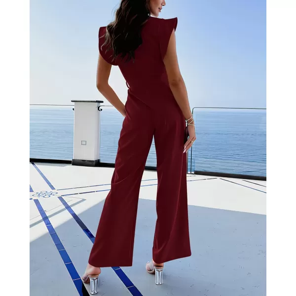 imageBTFBM Women Jumpsuits Crew Neck Ruffle Cap Sleeve Belted High Waist Wide Leg Romper with Pockets One Piece Casual OutfitsSolid Wine Red