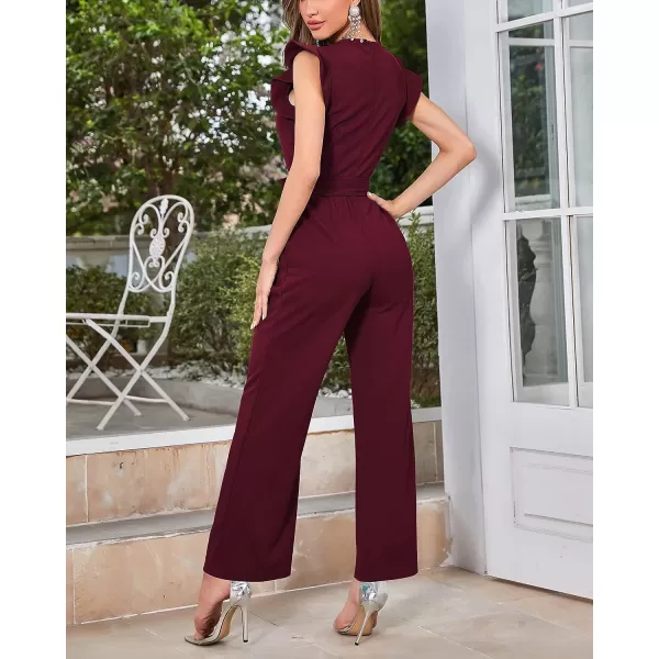 imageBTFBM Women Jumpsuits Crew Neck Ruffle Cap Sleeve Belted High Waist Wide Leg Romper with Pockets One Piece Casual OutfitsSolid Wine Red