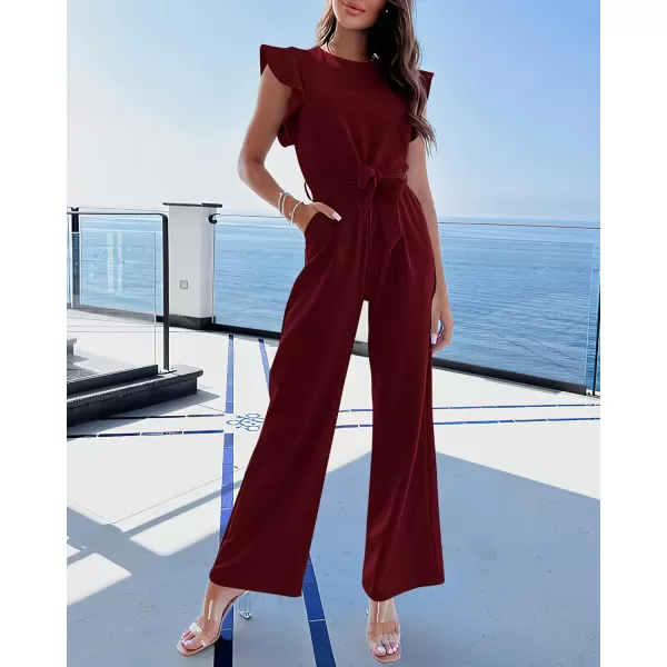 imageBTFBM Women Jumpsuits Crew Neck Ruffle Cap Sleeve Belted High Waist Wide Leg Romper with Pockets One Piece Casual OutfitsSolid Wine Red