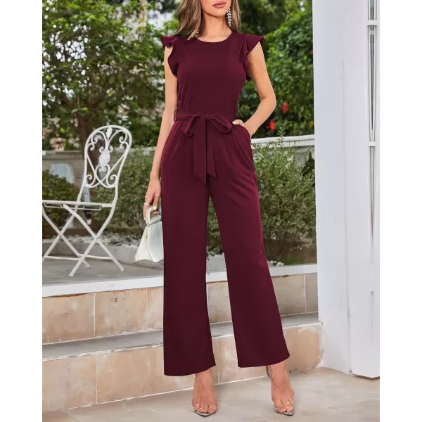 imageBTFBM Women Jumpsuits Crew Neck Ruffle Cap Sleeve Belted High Waist Wide Leg Romper with Pockets One Piece Casual OutfitsSolid Wine Red