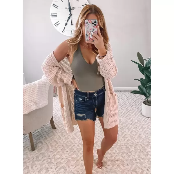 imageBTFBM Women Long Sleeve Open Front Plain Knit Cardigan Fashion Color Block Striped Slouchy Loose Pockets Sweater OutwearPink