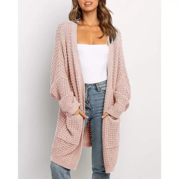 imageBTFBM Women Long Sleeve Open Front Plain Knit Cardigan Fashion Color Block Striped Slouchy Loose Pockets Sweater OutwearPink