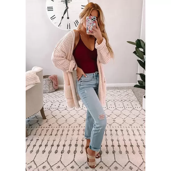 imageBTFBM Women Long Sleeve Open Front Plain Knit Cardigan Fashion Color Block Striped Slouchy Loose Pockets Sweater OutwearPink