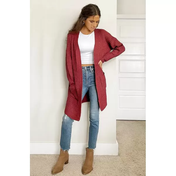imageBTFBM Women Long Sleeve Open Front Plain Knit Cardigan Fashion Color Block Striped Slouchy Loose Pockets Sweater OutwearWine Red