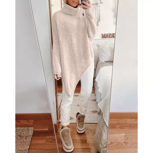 imageBTFBM Women Long Sleeve Turtleneck Knit Sweater Asymmetric Hem Oversized Fall Winter Sweaters Casual Pullover JumperBeige White