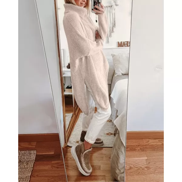 imageBTFBM Women Long Sleeve Turtleneck Knit Sweater Asymmetric Hem Oversized Fall Winter Sweaters Casual Pullover JumperBeige White