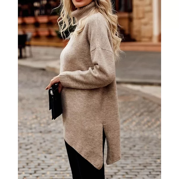 imageBTFBM Women Long Sleeve Turtleneck Knit Sweater Asymmetric Hem Oversized Fall Winter Sweaters Casual Pullover JumperSolid Apricot