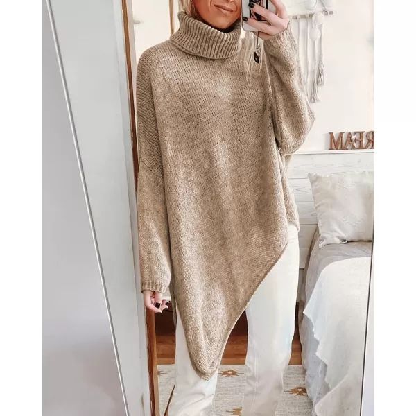 imageBTFBM Women Long Sleeve Turtleneck Knit Sweater Asymmetric Hem Oversized Fall Winter Sweaters Casual Pullover JumperSolid Apricot