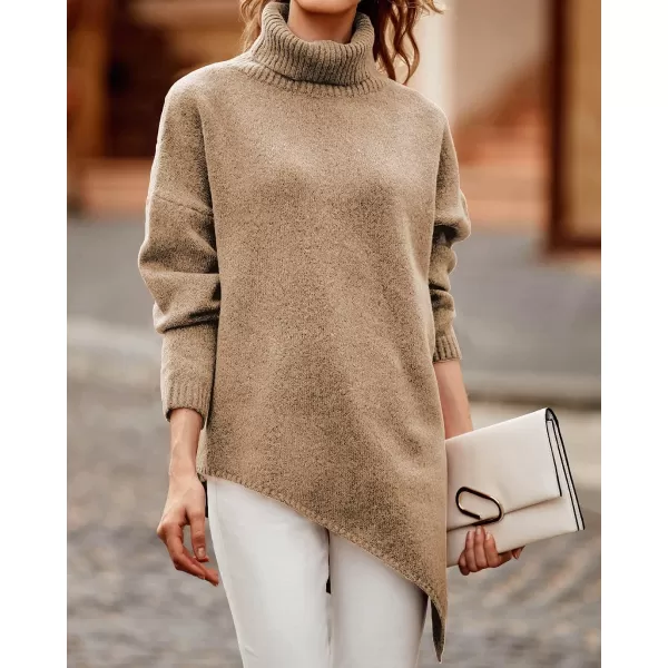 imageBTFBM Women Long Sleeve Turtleneck Knit Sweater Asymmetric Hem Oversized Fall Winter Sweaters Casual Pullover JumperSolid Apricot