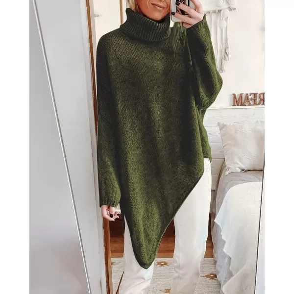 imageBTFBM Women Long Sleeve Turtleneck Knit Sweater Asymmetric Hem Oversized Fall Winter Sweaters Casual Pullover JumperSolid Army Green