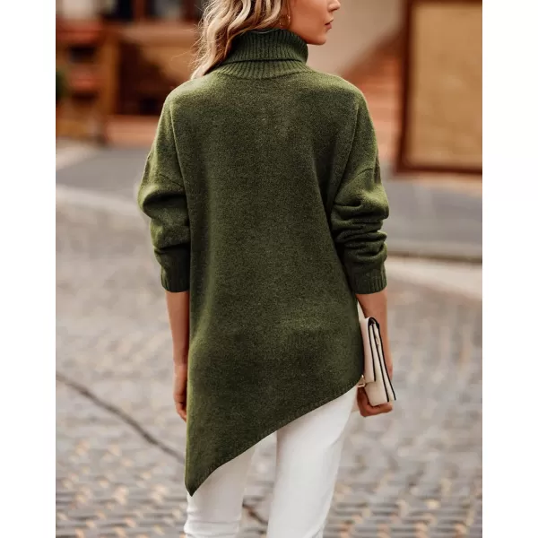 imageBTFBM Women Long Sleeve Turtleneck Knit Sweater Asymmetric Hem Oversized Fall Winter Sweaters Casual Pullover JumperSolid Army Green