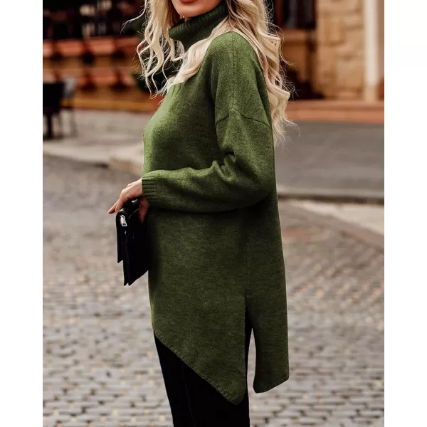imageBTFBM Women Long Sleeve Turtleneck Knit Sweater Asymmetric Hem Oversized Fall Winter Sweaters Casual Pullover JumperSolid Army Green