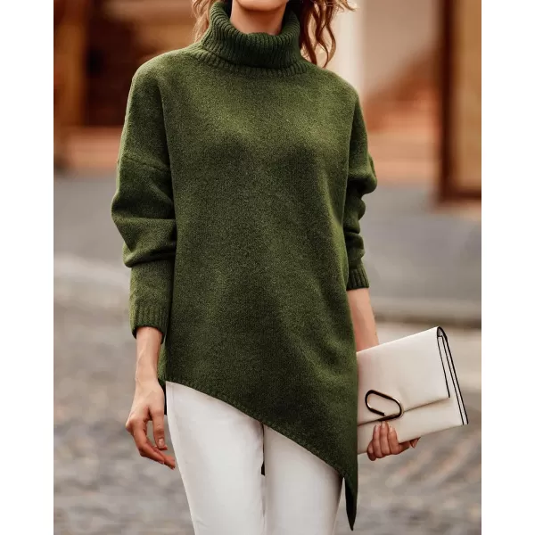 imageBTFBM Women Long Sleeve Turtleneck Knit Sweater Asymmetric Hem Oversized Fall Winter Sweaters Casual Pullover JumperSolid Army Green