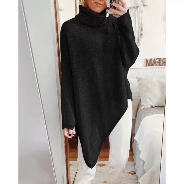 imageBTFBM Women Long Sleeve Turtleneck Knit Sweater Asymmetric Hem Oversized Fall Winter Sweaters Casual Pullover JumperSolid Black