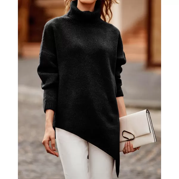 imageBTFBM Women Long Sleeve Turtleneck Knit Sweater Asymmetric Hem Oversized Fall Winter Sweaters Casual Pullover JumperSolid Black