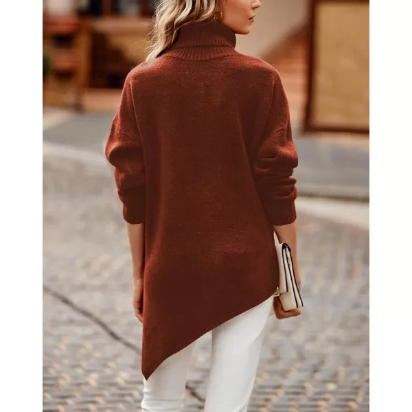 imageBTFBM Women Long Sleeve Turtleneck Knit Sweater Asymmetric Hem Oversized Fall Winter Sweaters Casual Pullover JumperSolid Brick Red