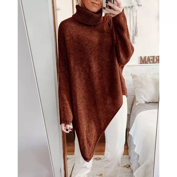 imageBTFBM Women Long Sleeve Turtleneck Knit Sweater Asymmetric Hem Oversized Fall Winter Sweaters Casual Pullover JumperSolid Brick Red