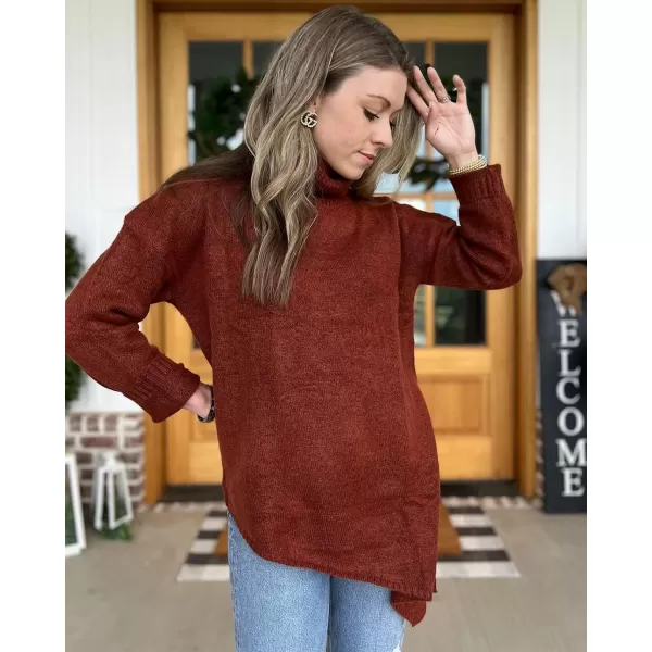 imageBTFBM Women Long Sleeve Turtleneck Knit Sweater Asymmetric Hem Oversized Fall Winter Sweaters Casual Pullover JumperSolid Brick Red