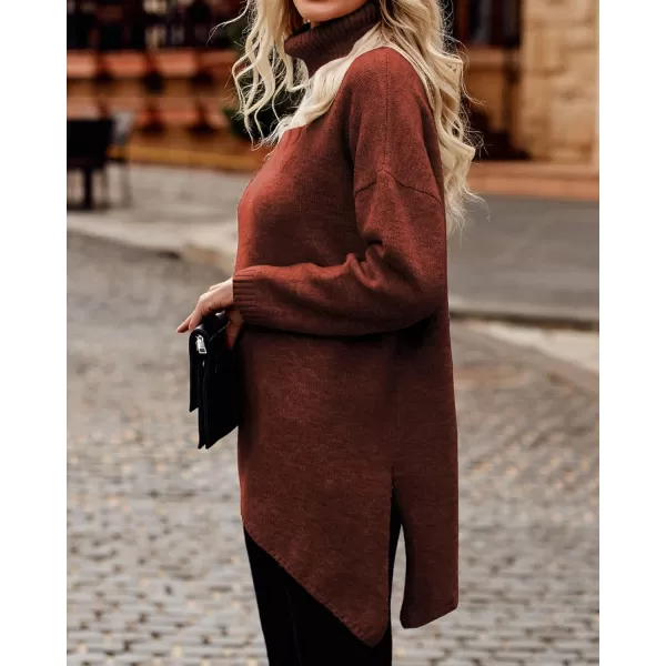 imageBTFBM Women Long Sleeve Turtleneck Knit Sweater Asymmetric Hem Oversized Fall Winter Sweaters Casual Pullover JumperSolid Brick Red