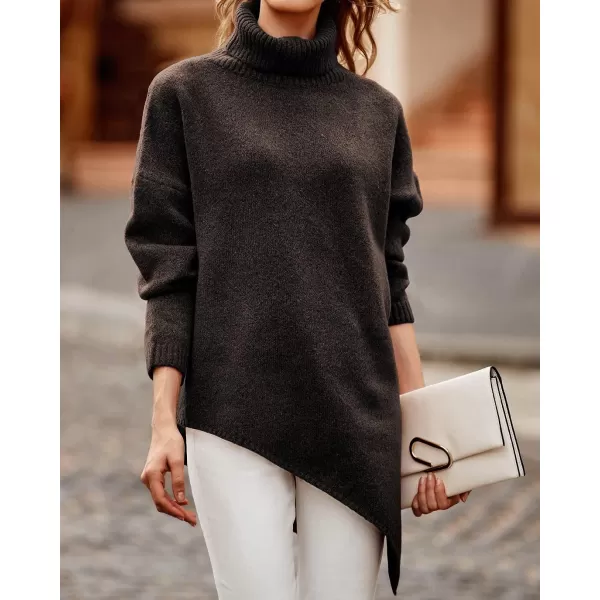 imageBTFBM Women Long Sleeve Turtleneck Knit Sweater Asymmetric Hem Oversized Fall Winter Sweaters Casual Pullover JumperSolid Coffee