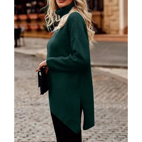 imageBTFBM Women Long Sleeve Turtleneck Knit Sweater Asymmetric Hem Oversized Fall Winter Sweaters Casual Pullover JumperSolid Dark Green