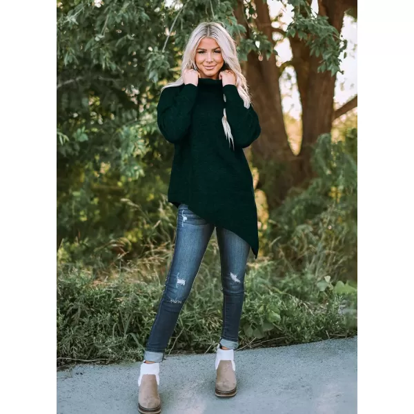 imageBTFBM Women Long Sleeve Turtleneck Knit Sweater Asymmetric Hem Oversized Fall Winter Sweaters Casual Pullover JumperSolid Dark Green