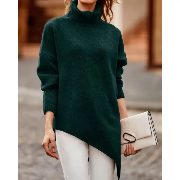 imageBTFBM Women Long Sleeve Turtleneck Knit Sweater Asymmetric Hem Oversized Fall Winter Sweaters Casual Pullover JumperSolid Dark Green