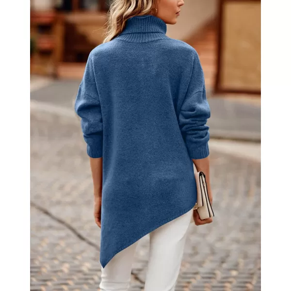 imageBTFBM Women Long Sleeve Turtleneck Knit Sweater Asymmetric Hem Oversized Fall Winter Sweaters Casual Pullover JumperSolid Lake Blue
