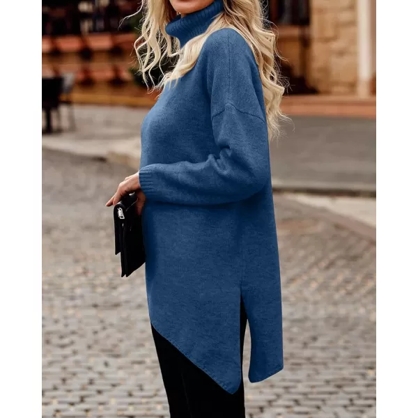 imageBTFBM Women Long Sleeve Turtleneck Knit Sweater Asymmetric Hem Oversized Fall Winter Sweaters Casual Pullover JumperSolid Lake Blue