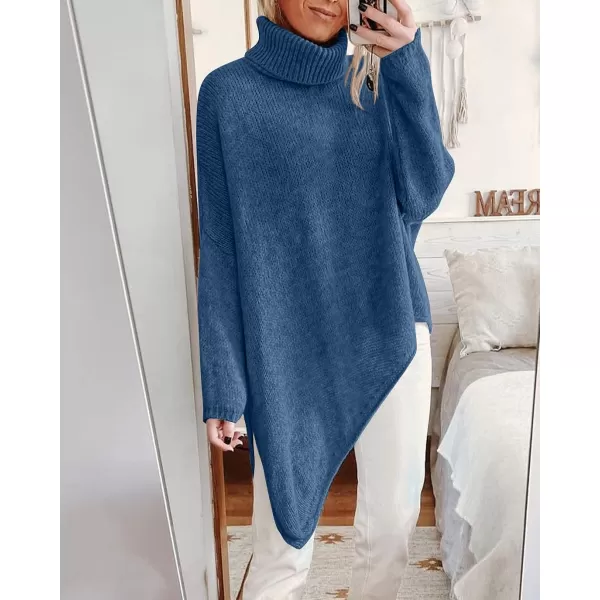 imageBTFBM Women Long Sleeve Turtleneck Knit Sweater Asymmetric Hem Oversized Fall Winter Sweaters Casual Pullover JumperSolid Lake Blue
