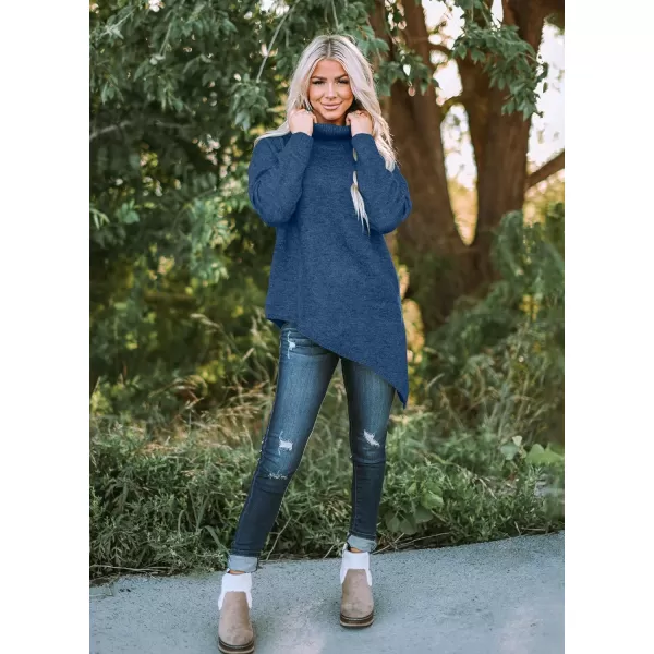 imageBTFBM Women Long Sleeve Turtleneck Knit Sweater Asymmetric Hem Oversized Fall Winter Sweaters Casual Pullover JumperSolid Lake Blue