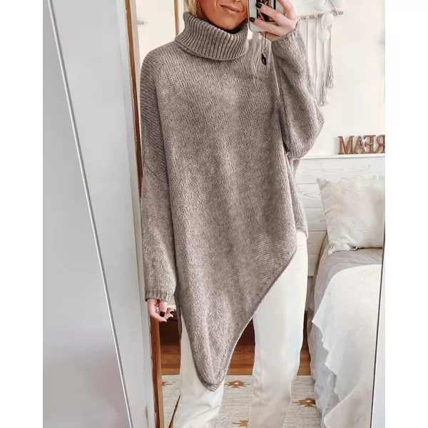 imageBTFBM Women Long Sleeve Turtleneck Knit Sweater Asymmetric Hem Oversized Fall Winter Sweaters Casual Pullover JumperSolid Light Khaki