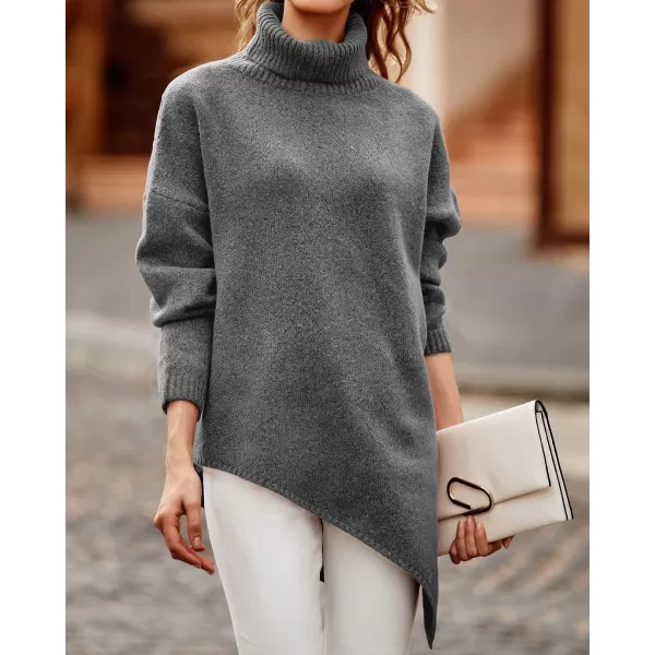 imageBTFBM Women Long Sleeve Turtleneck Knit Sweater Asymmetric Hem Oversized Fall Winter Sweaters Casual Pullover JumperSolid Mid Grey