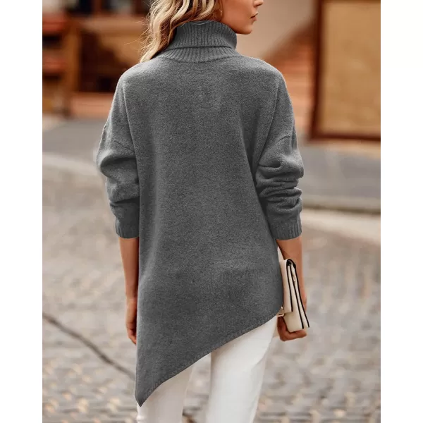 imageBTFBM Women Long Sleeve Turtleneck Knit Sweater Asymmetric Hem Oversized Fall Winter Sweaters Casual Pullover JumperSolid Mid Grey